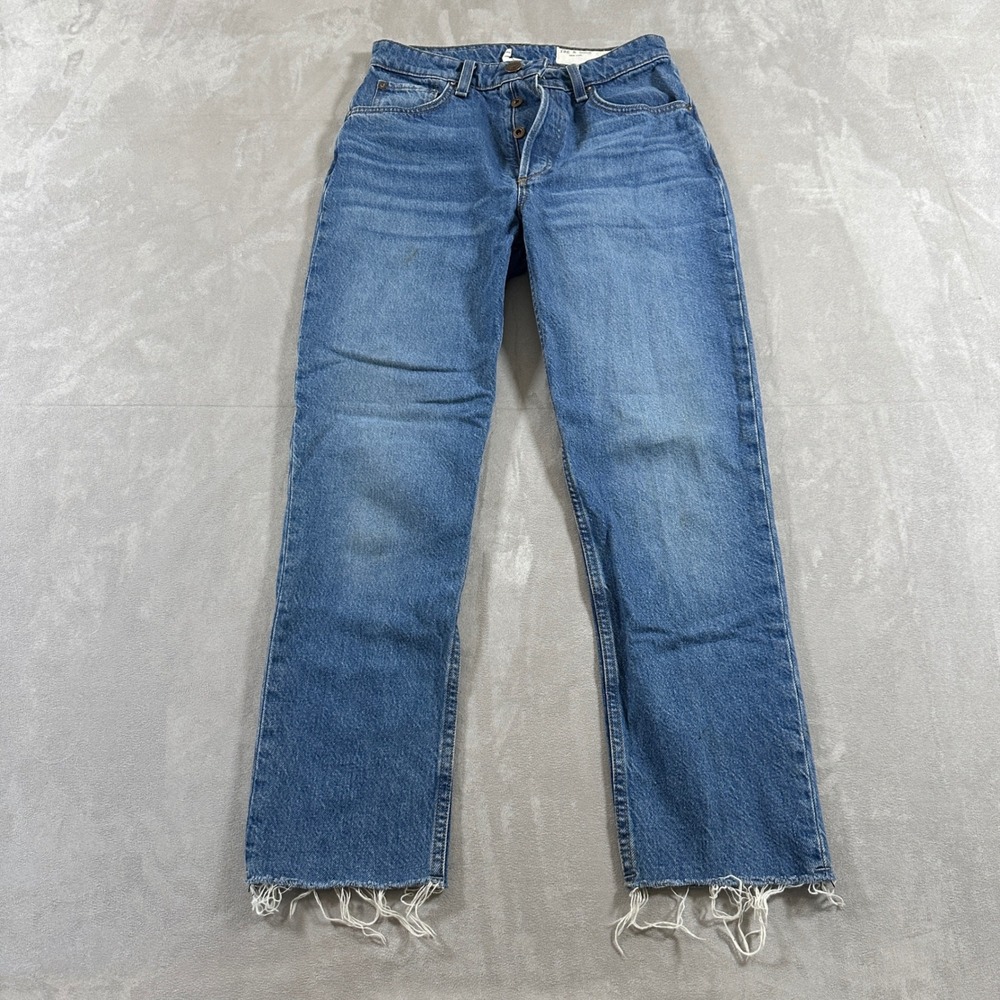 Rag & Bone Jeans Women 25 Blue Distressed Straight Leg Raw Hem Frayed Button Fly